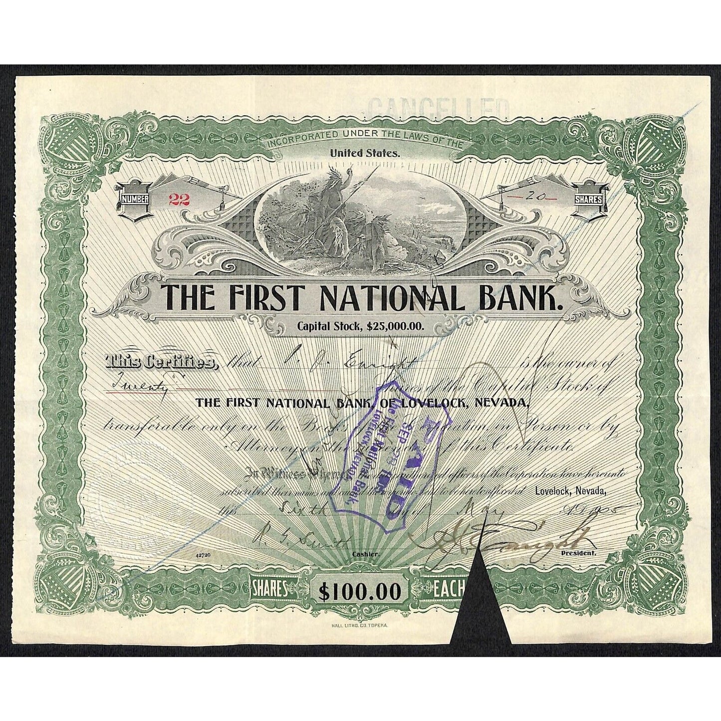 First National Bank of Lovelock, NV 1905 Stock Certificate to P.J. Enright * #22