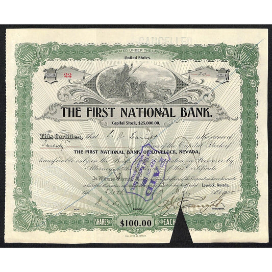 First National Bank of Lovelock, NV 1905 Stock Certificate to P.J. Enright * #22