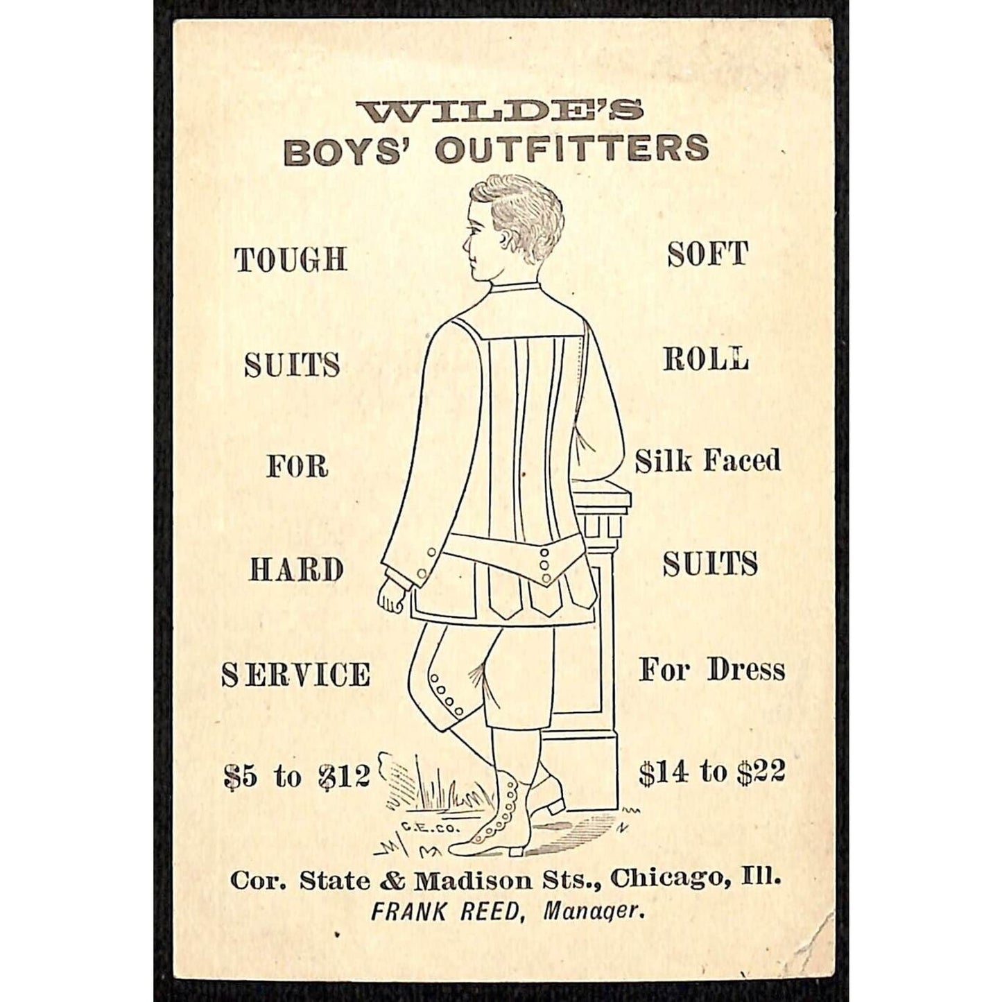 James Wilde Chicago Boy's Outfitters Victorian Trade Card Girl Takes Cupid's Bow