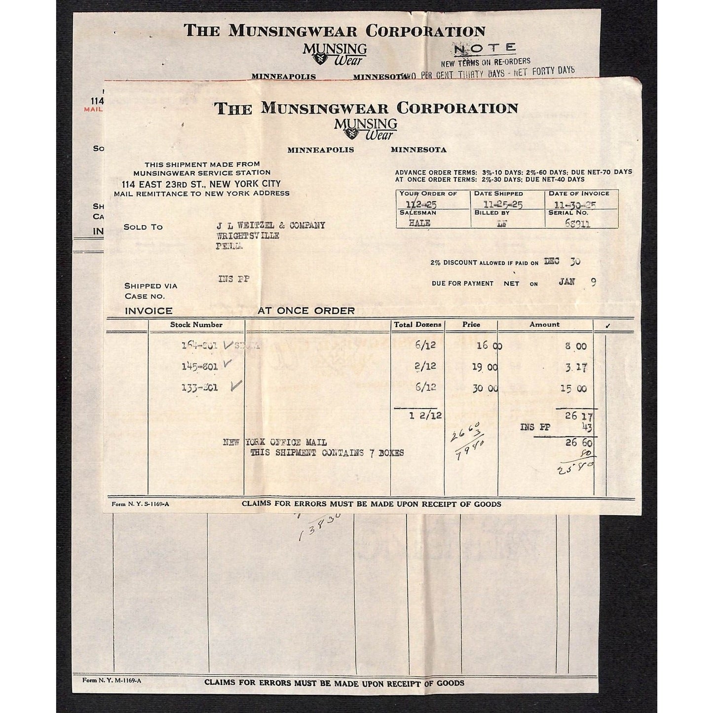 Munsingwear Munsing Wear (Underwear) 23rd St. NYC 1925 3 Billheads + Cover