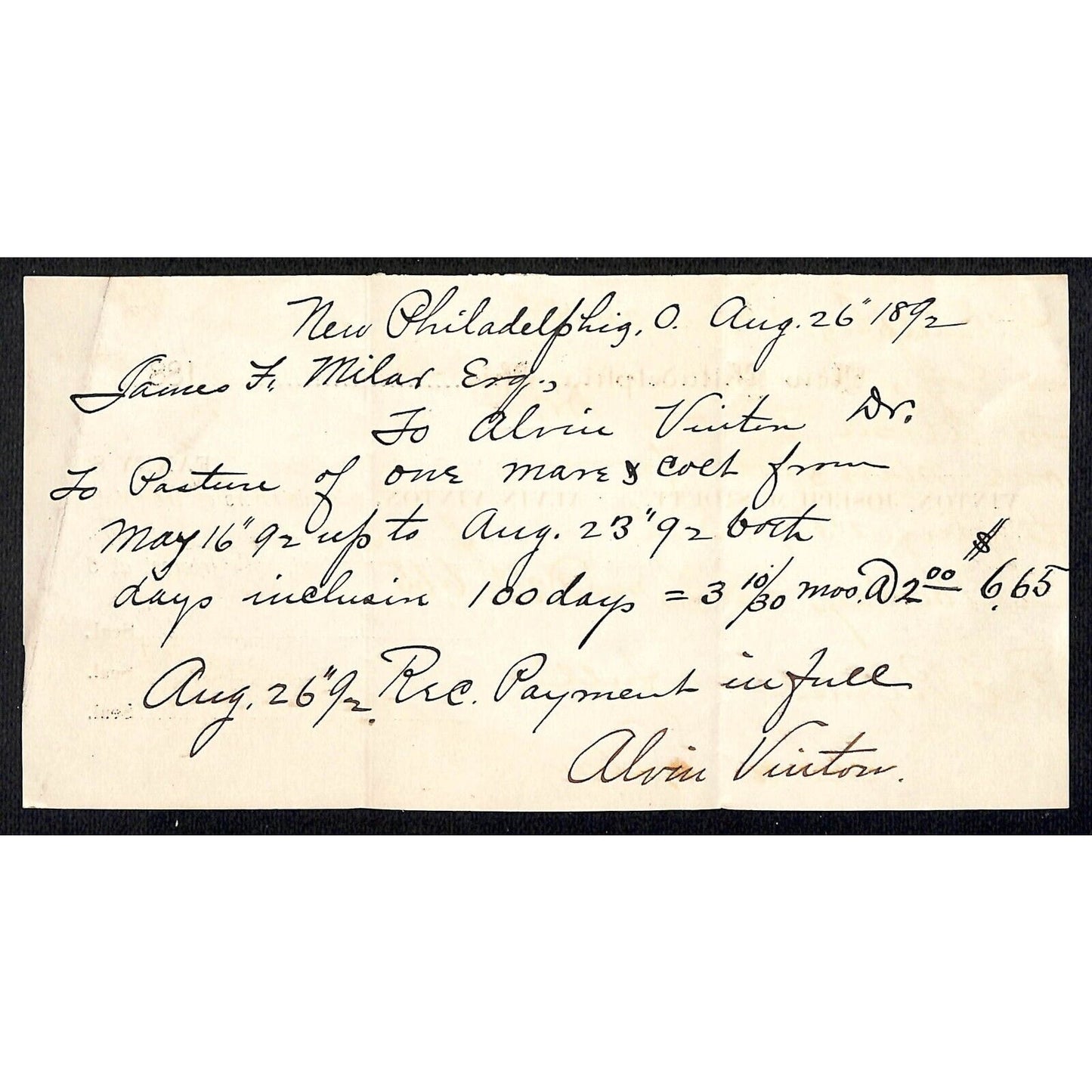 Alvin Vinton New Philadelphia, OH 1892 100 Days Pasture Mare & Colt Billhead