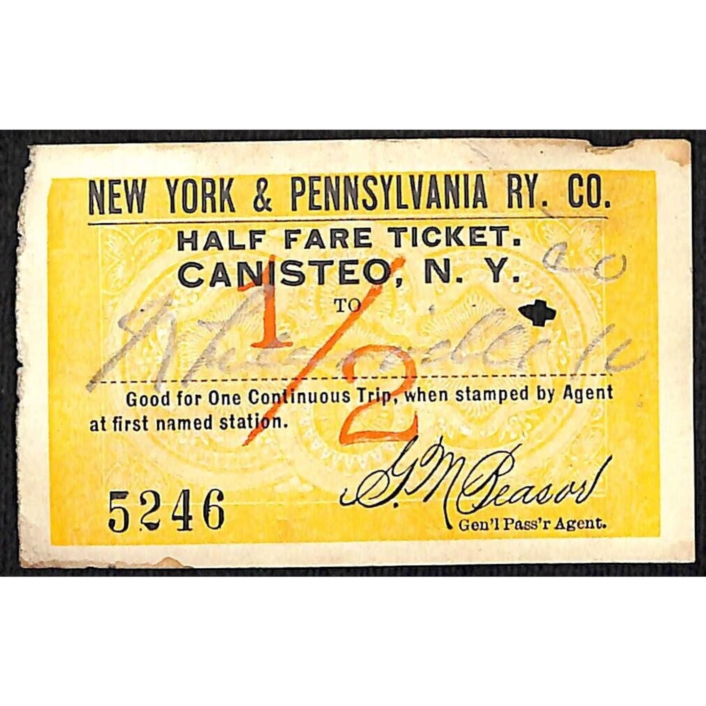 New York & Pennsylvania Railroad RY July 25 1917 Canisteo Half Fare Ticket #5246