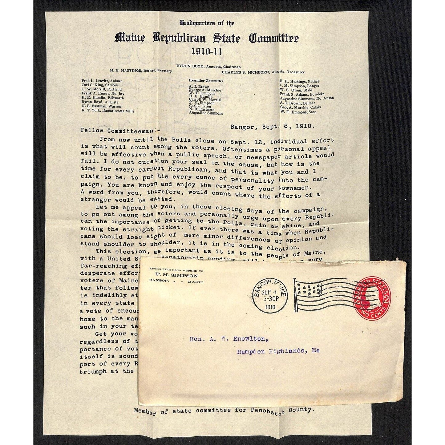 Maine Republican State Committee 1910 Letterhead re: Election Voting Knowlton*
