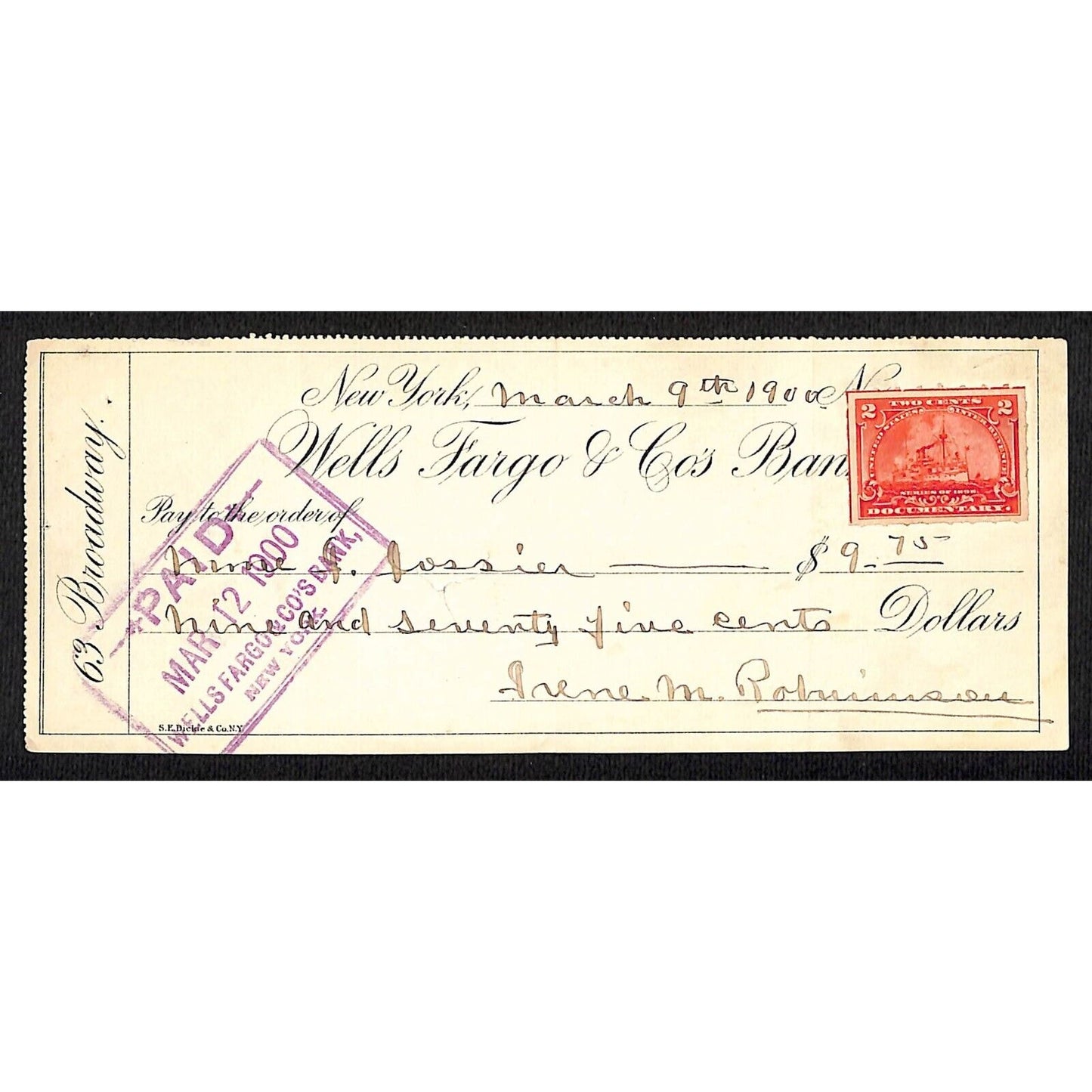 1900 Wells Fargo & Co Bank 63 Broadway NYC Check w/ Rev Stamp