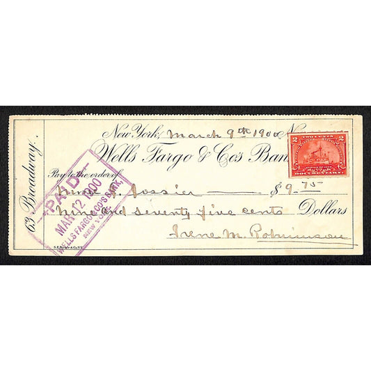 1900 Wells Fargo & Co Bank 63 Broadway NYC Check w/ Rev Stamp