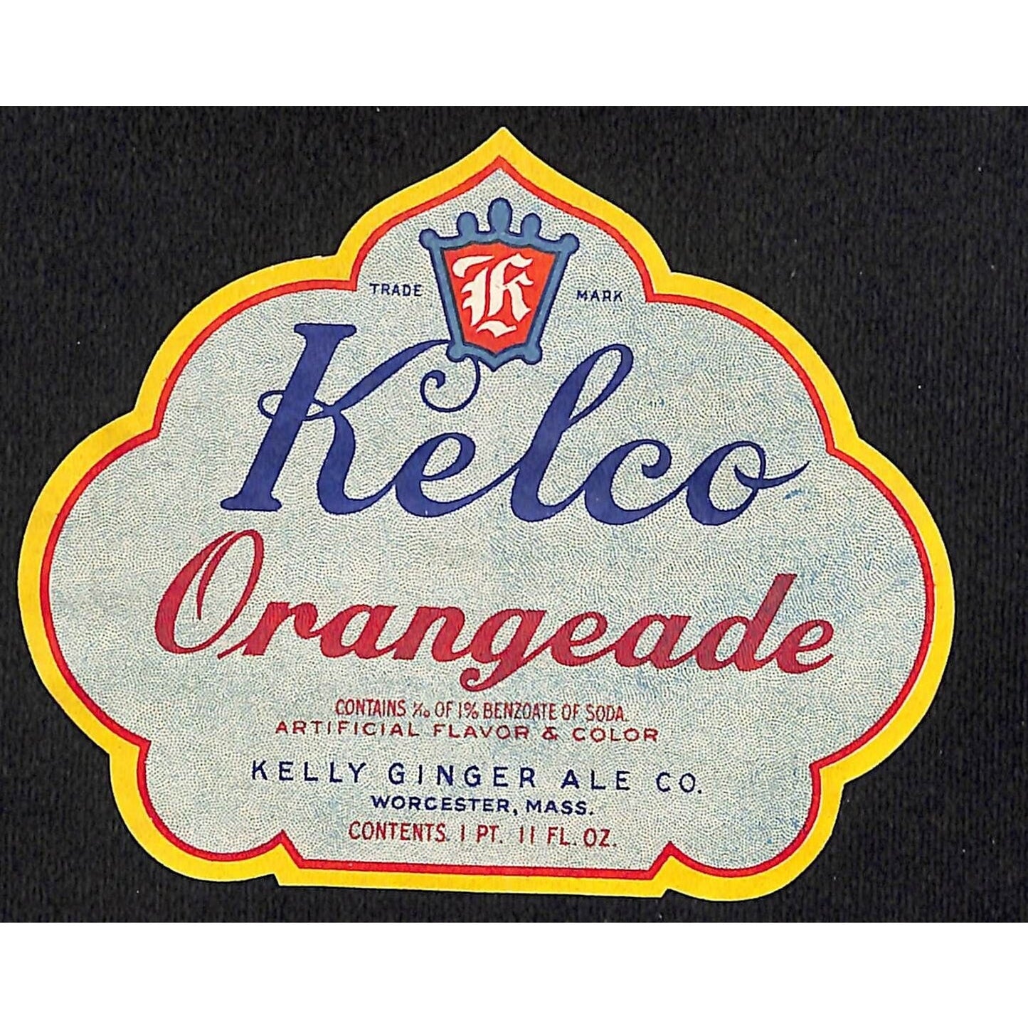 Kelco Orangeade Beverage Label Kelly Ginger Ale Co. Worcester c1940's VGC Scarce