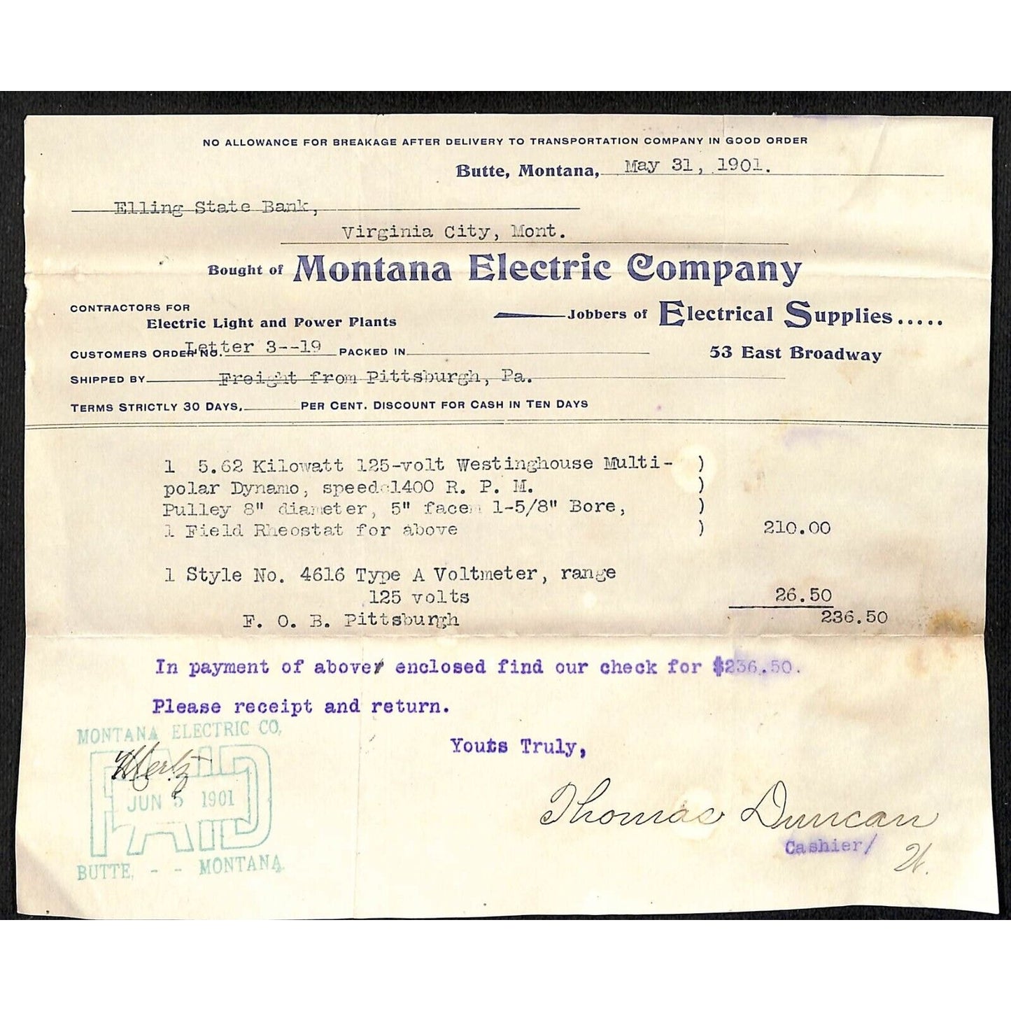 Montana Electric Co. 1901 Billhead Westinghouse Dynamo Butte, MT Henry Elling**
