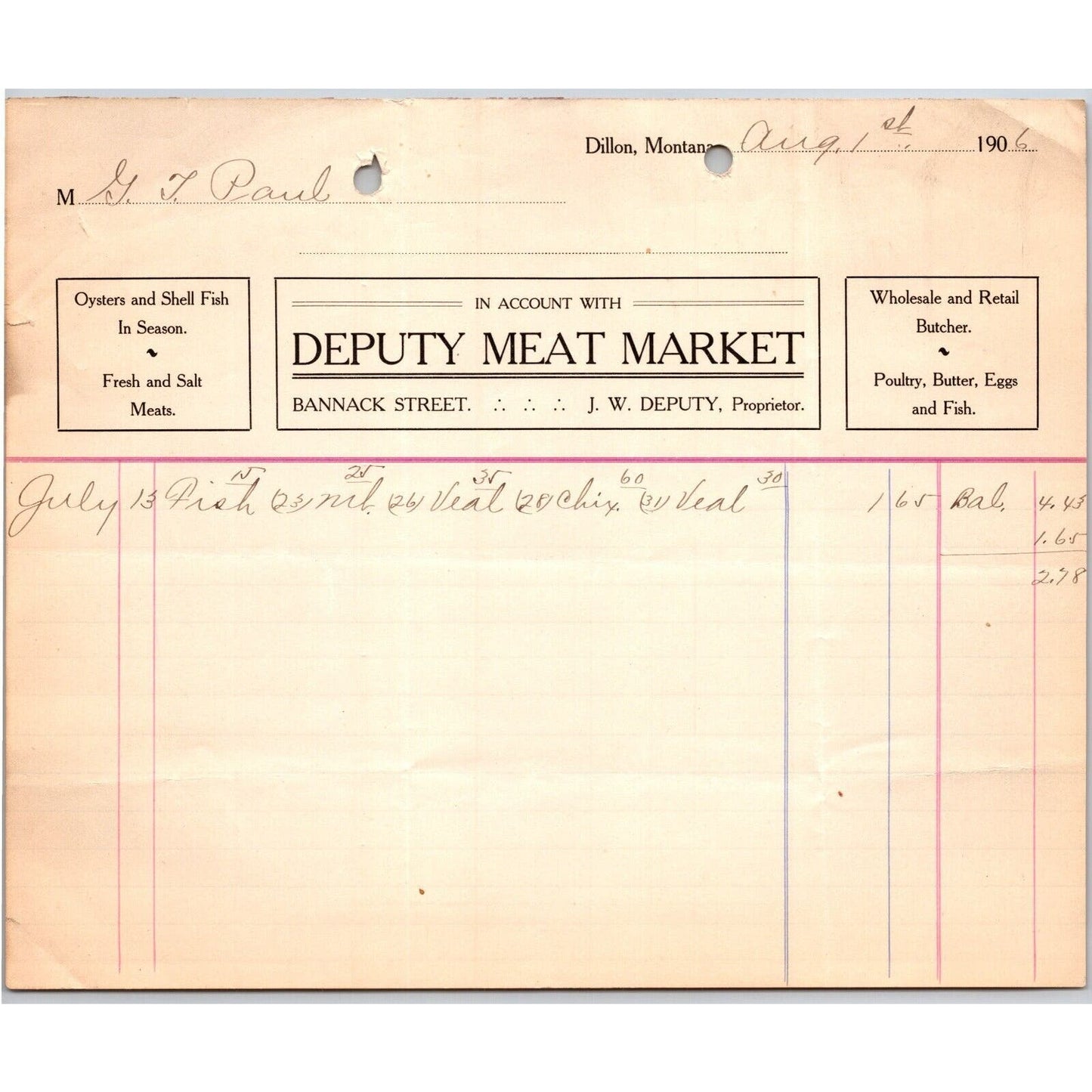Dillon, MT Deputy Meat Market Aug. 1906 Oysters Shell Fish Billhead G.T. Paul*