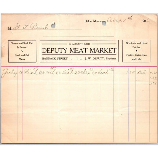 Dillon, MT Deputy Meat Market Aug. 1906 Oysters Shell Fish Billhead G.T. Paul*