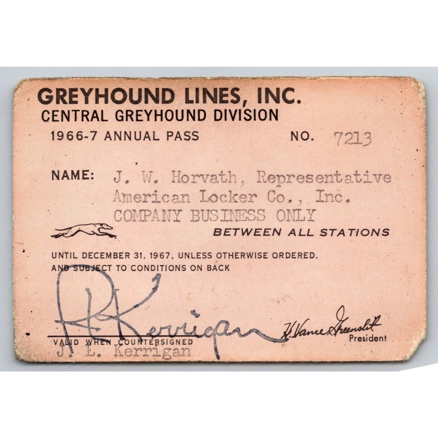Greyhound Lines - Central Division 1966-7 Annual / Yearly Bus Pass #7213