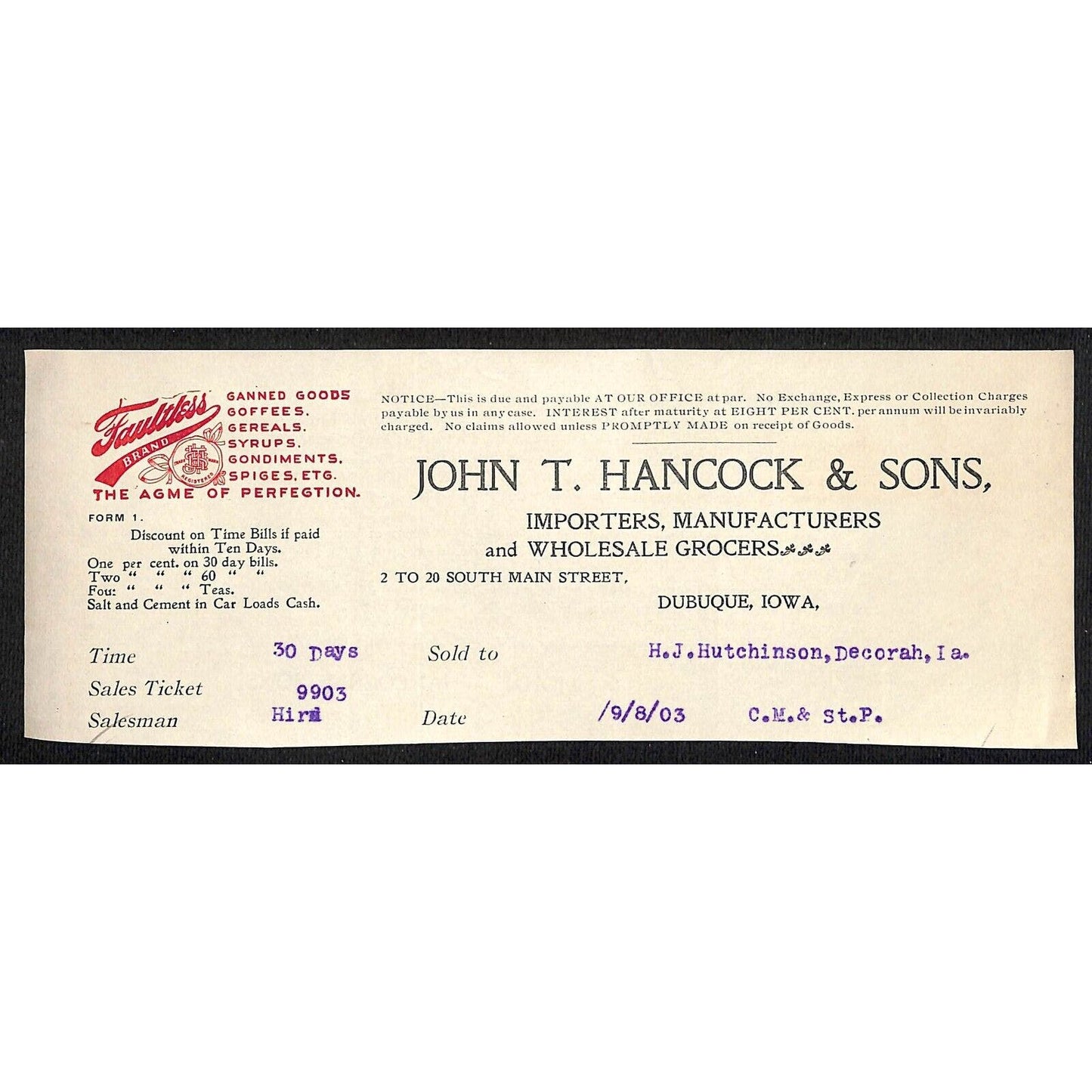 John T Hancock & Sons Dubuque Grocers - Hutchinson Decorah* 1903 Cut Billhead