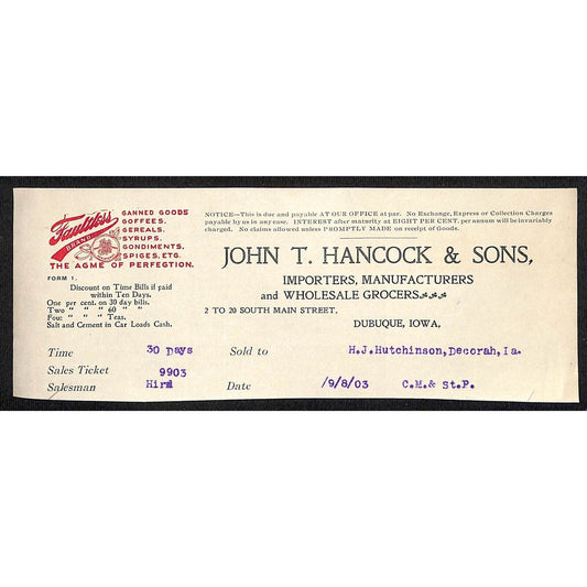John T Hancock & Sons Dubuque Grocers - Hutchinson Decorah* 1903 Cut Billhead