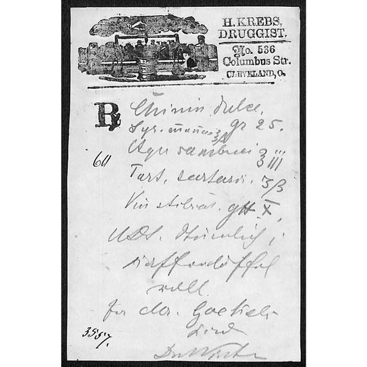 H. Krebs, Druggist Columbus St. Cleveland c1870's* Prescription #3557
