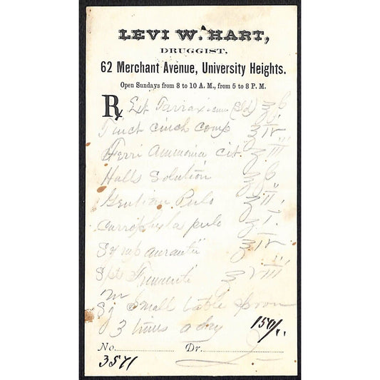 Levi W. Hart Druggist University Heights c1870's? Prescription #3571