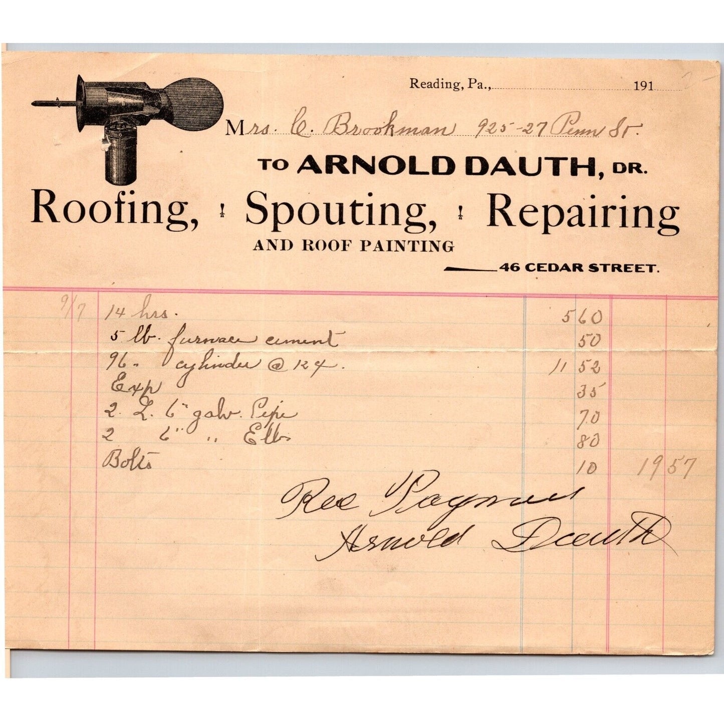 Arnold Dauth Roofing Spouting Repairing Painting Reading, PA 1911 Letterhead