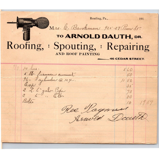 Arnold Dauth Roofing Spouting Repairing Painting Reading, PA 1911 Letterhead