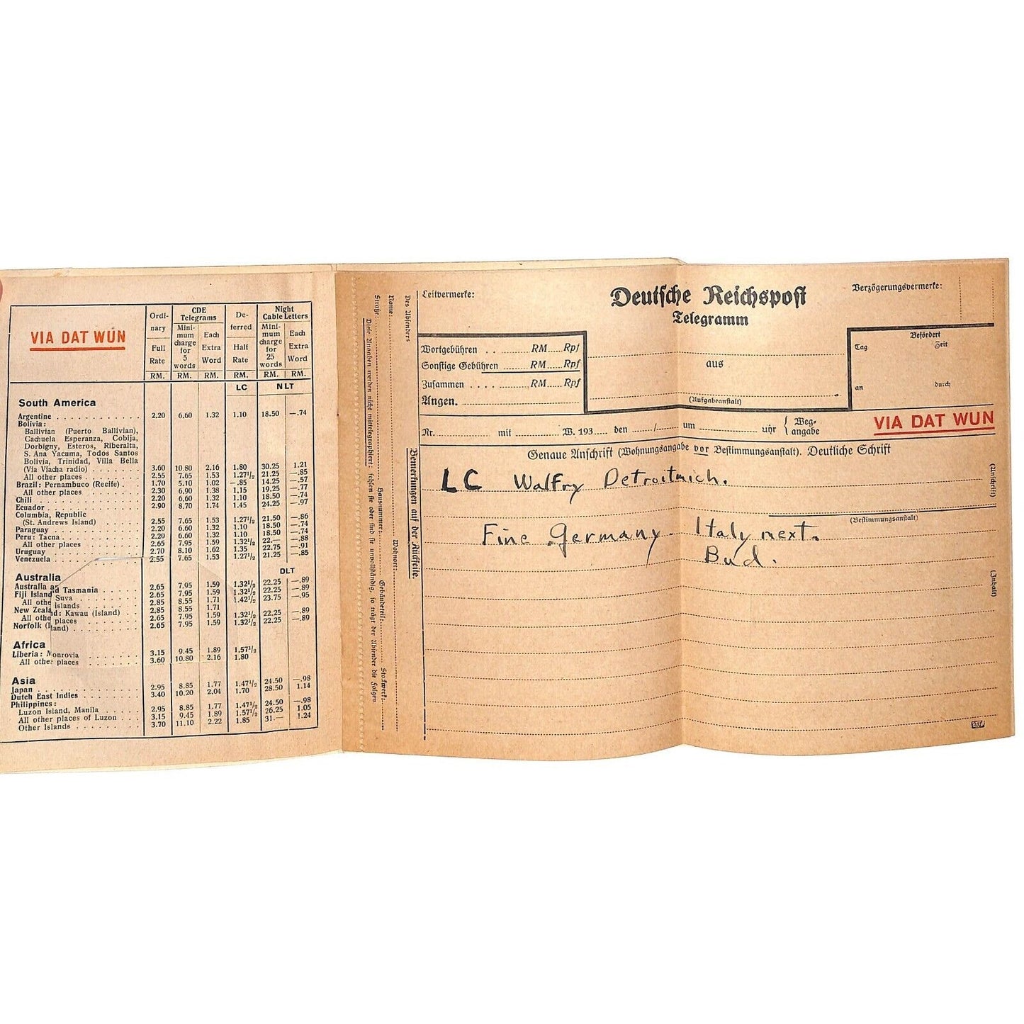 Forms for Cablegrams Western Union Germany "Via Dat Wun" c1936 w/Damage Scarce