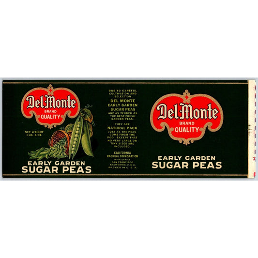 Del Monte Early Spring Sugar Peas California Paper Can Label c1930's-40's VGC