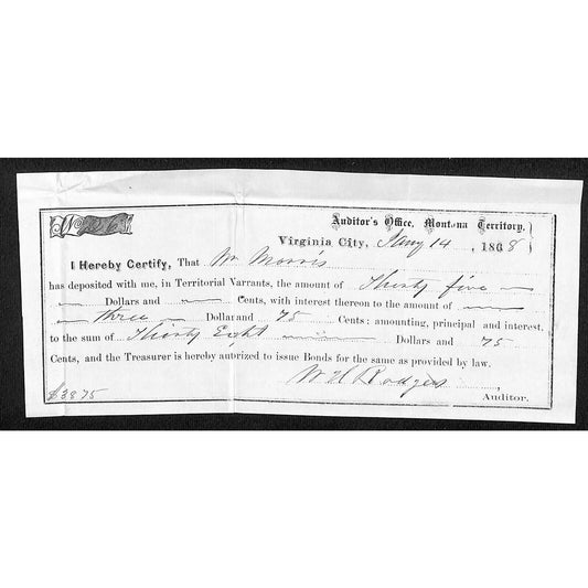 1868 Virginia City, MT Territorial Warrant Deposit Receipt - N.N. Morris