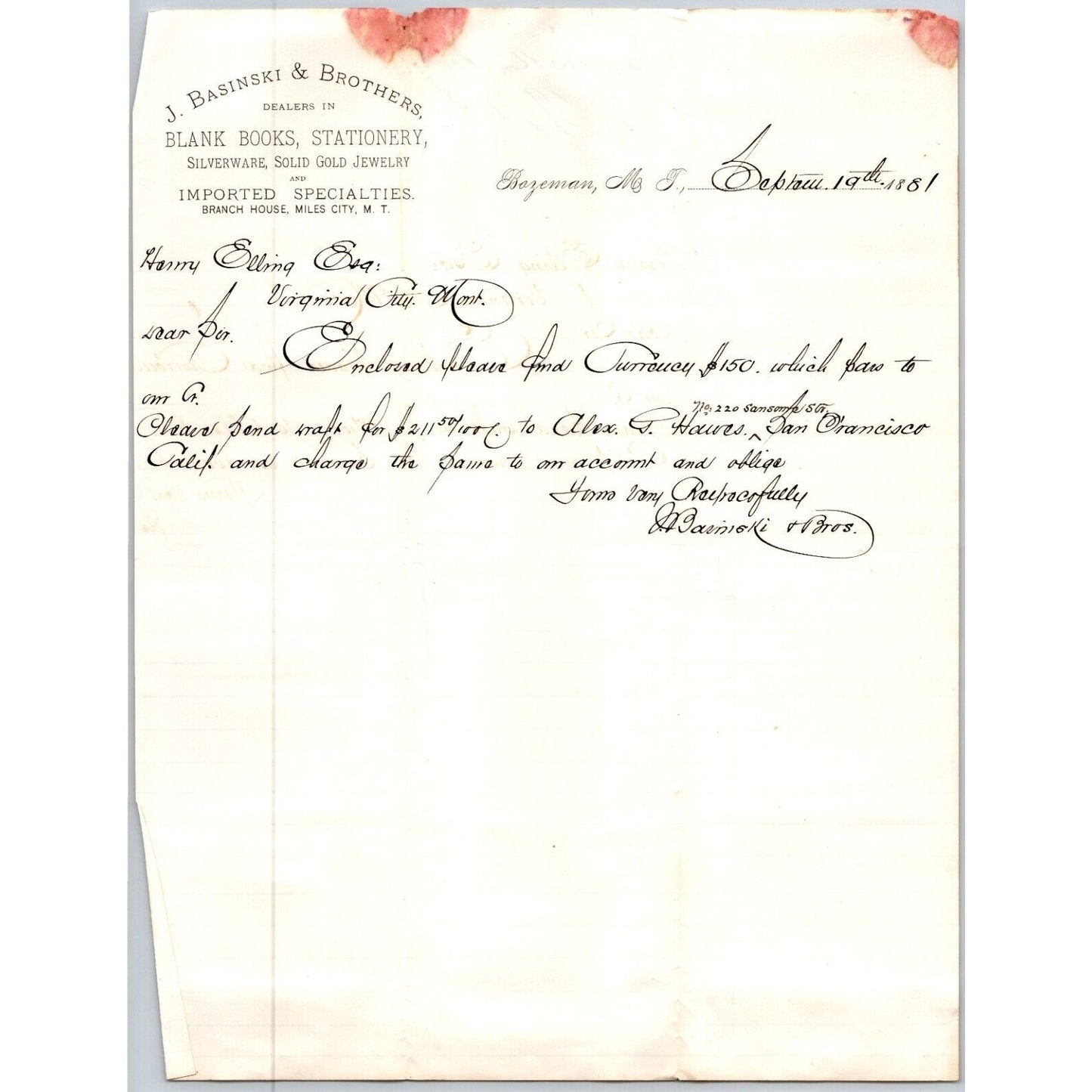 J. Basinski & Brothers Stationary Bozeman, MT 1881 ALS Letterhead Henry Elling*