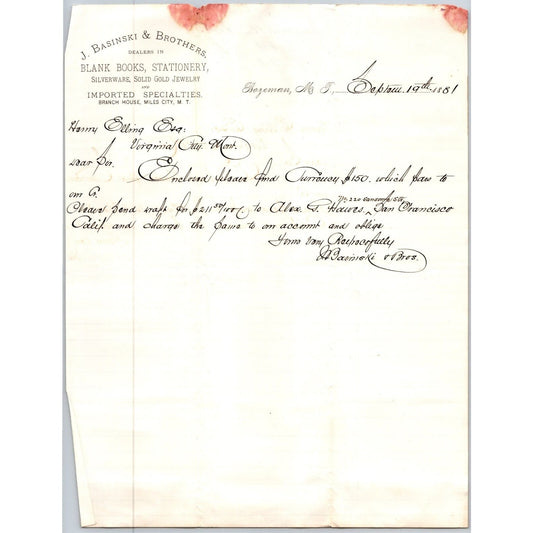J. Basinski & Brothers Stationary Bozeman, MT 1881 ALS Letterhead Henry Elling*