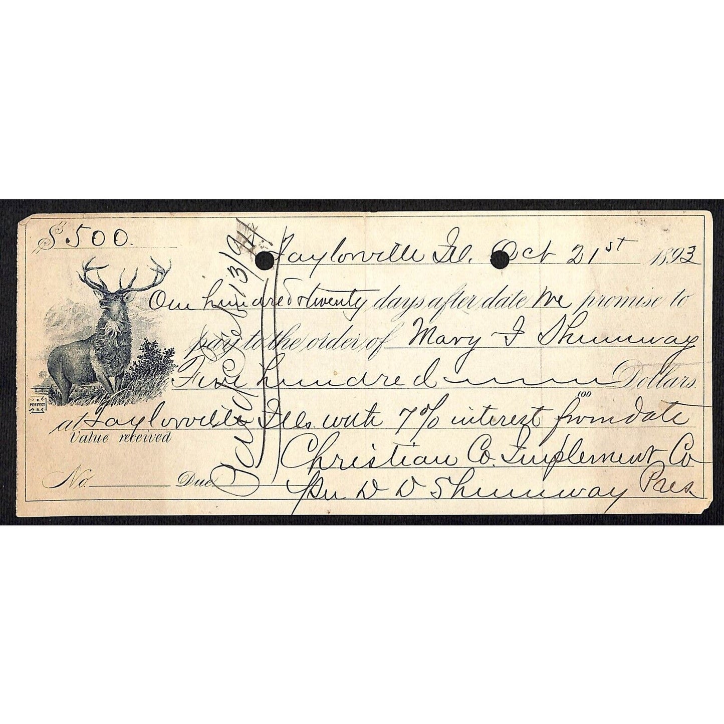 Saylorville, IA 1893 Christian County Implement Co. Promissory Note Vignette