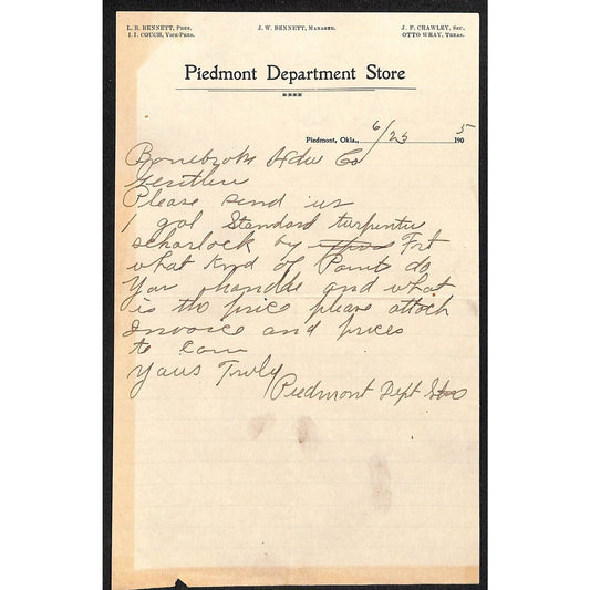1905 Piedmont Department Store OK Indian Territory ALS Letterhead Scarce
