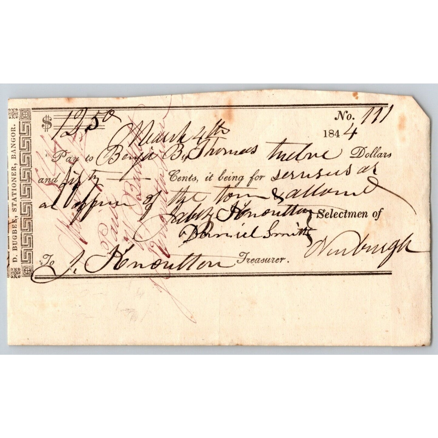 1844 Jabez Knowlton* Newburgh ME Town Check to Benjamin B. Thomas