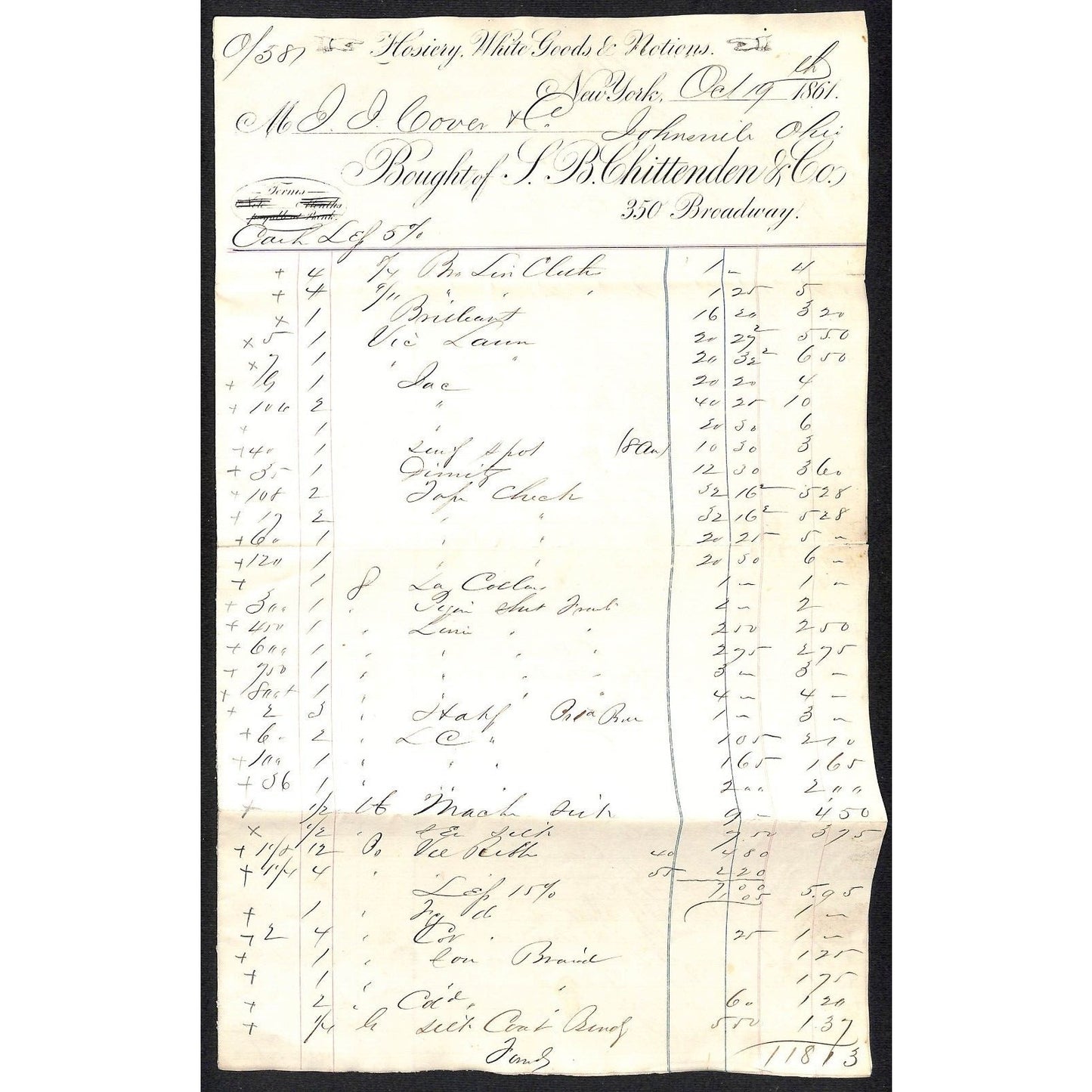 L.B. Chittenden & Co. Hosiery Broadway NYC 1863 J.J. Cover* Very Lg. Billhead