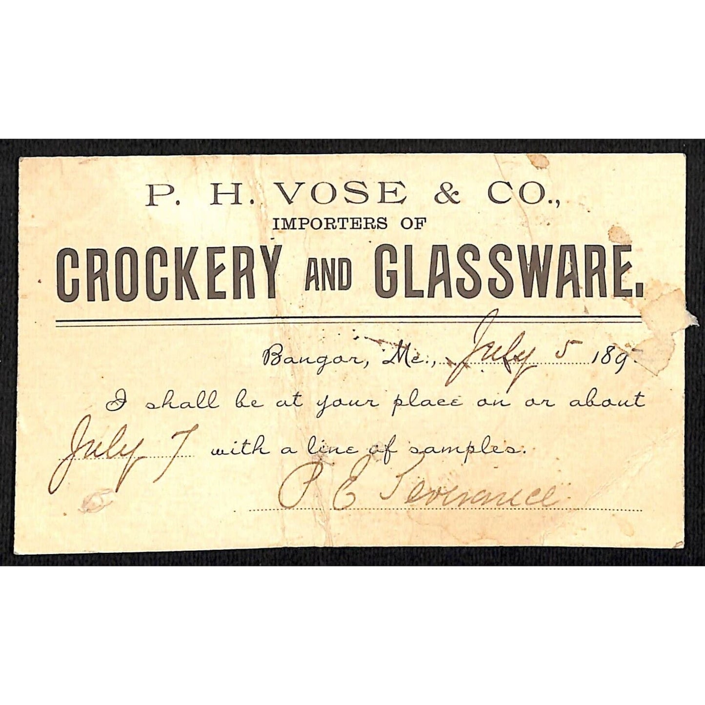 Bangor, ME P.H. Vose & Co. 1892 Crockery Glass Advertising Postcard Postal Card