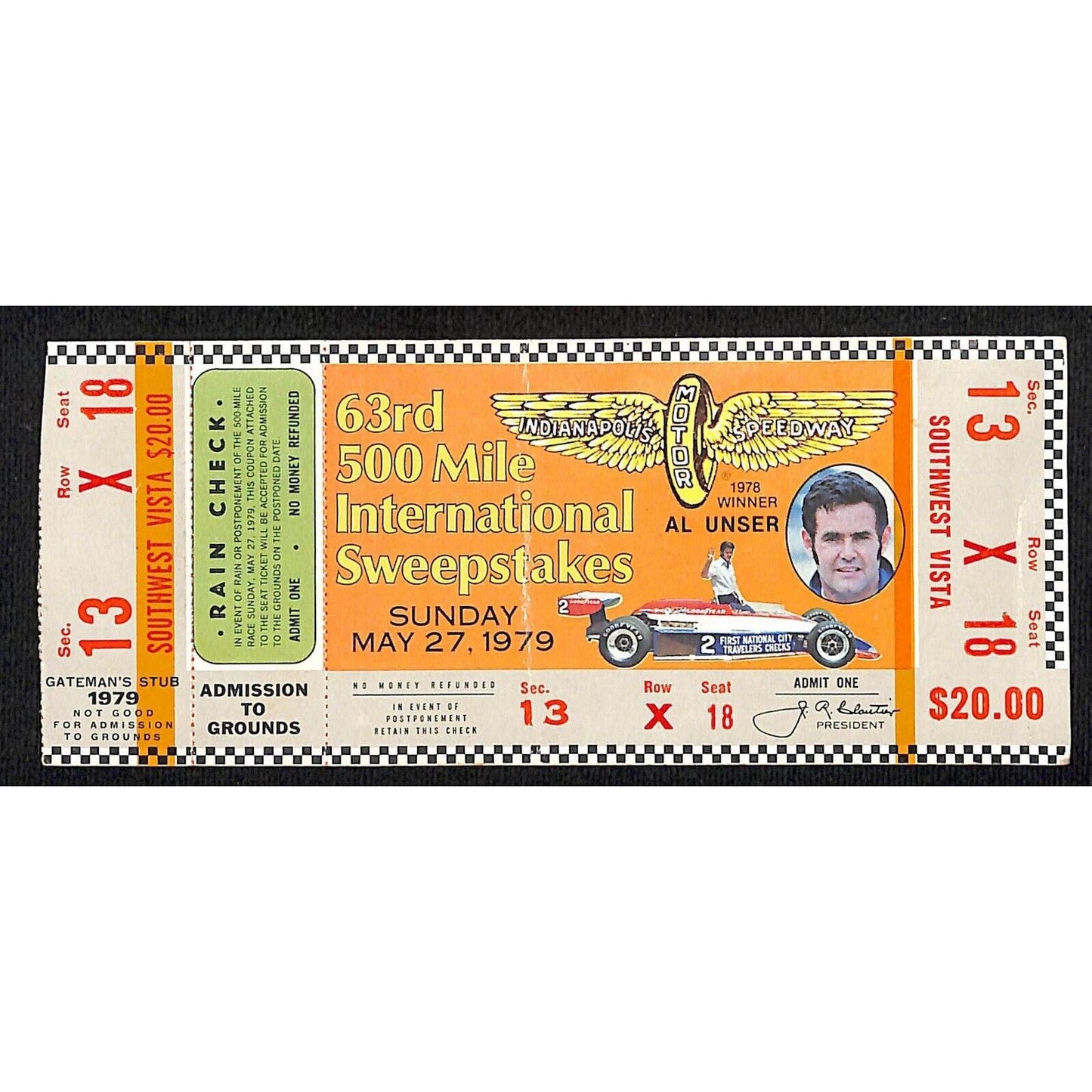 1979 Indianapolis 500 Ticket Stub w/ 1978 Winner Al Unser - 13 X Seat 18