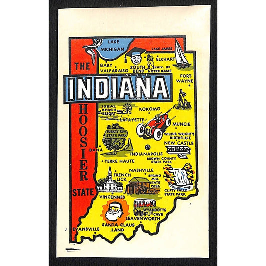Indiana Map Hoosier Water Transfer Decal Travel Souvenir w/ Sleeve c1950's