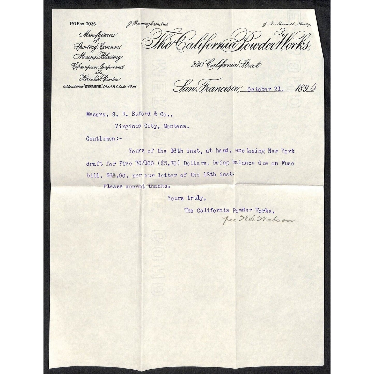 California Powder Works Hercules Dynamite 10/21 1895 Letterhead S.R. Buford*