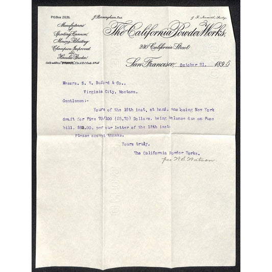 California Powder Works Hercules Dynamite 10/21 1895 Letterhead S.R. Buford*