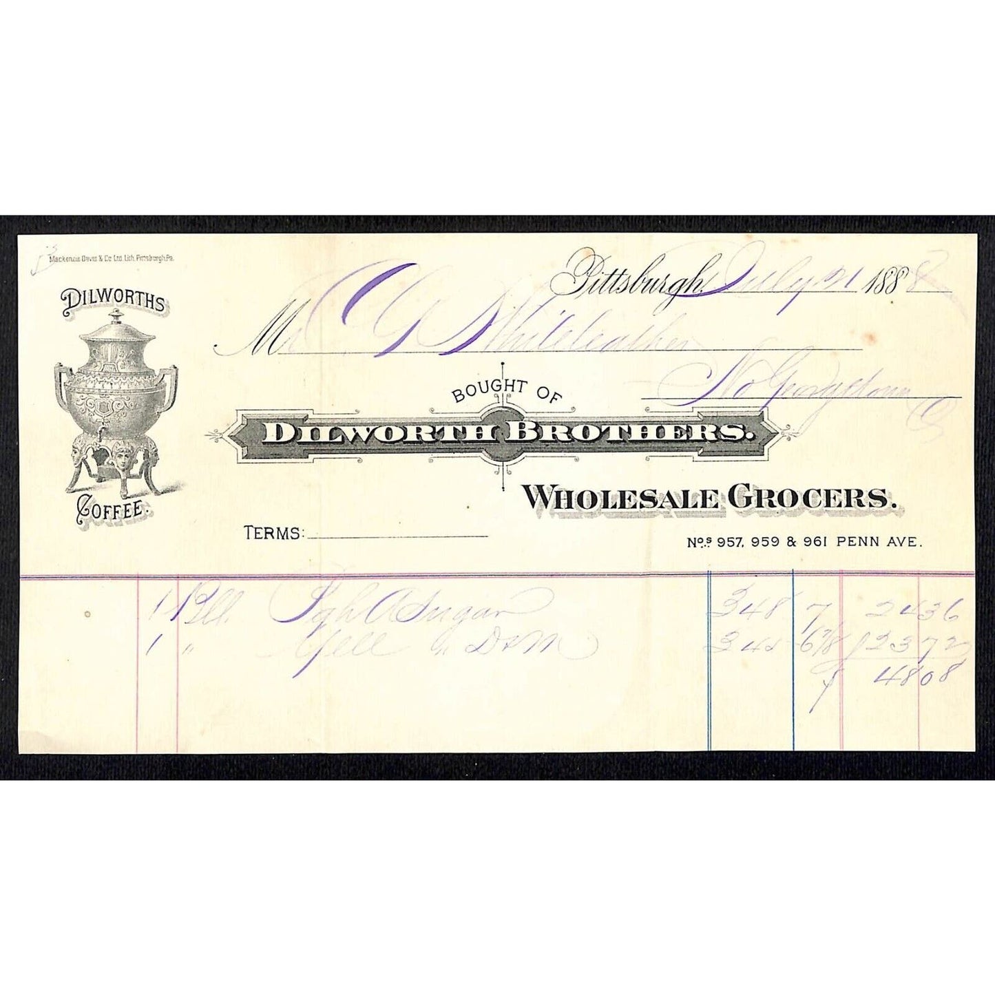 Dilworth Brothers Grocer Pitts. 1888 Billhead Whiteleather* N. Georgetown, OH