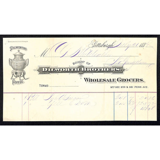 Dilworth Brothers Grocer Pitts. 1888 Billhead Whiteleather* N. Georgetown, OH