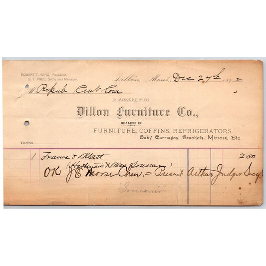 Dillon, MT Dillon Furniture Co. 1882 Billhead Coffins Refrigerators Mirrors