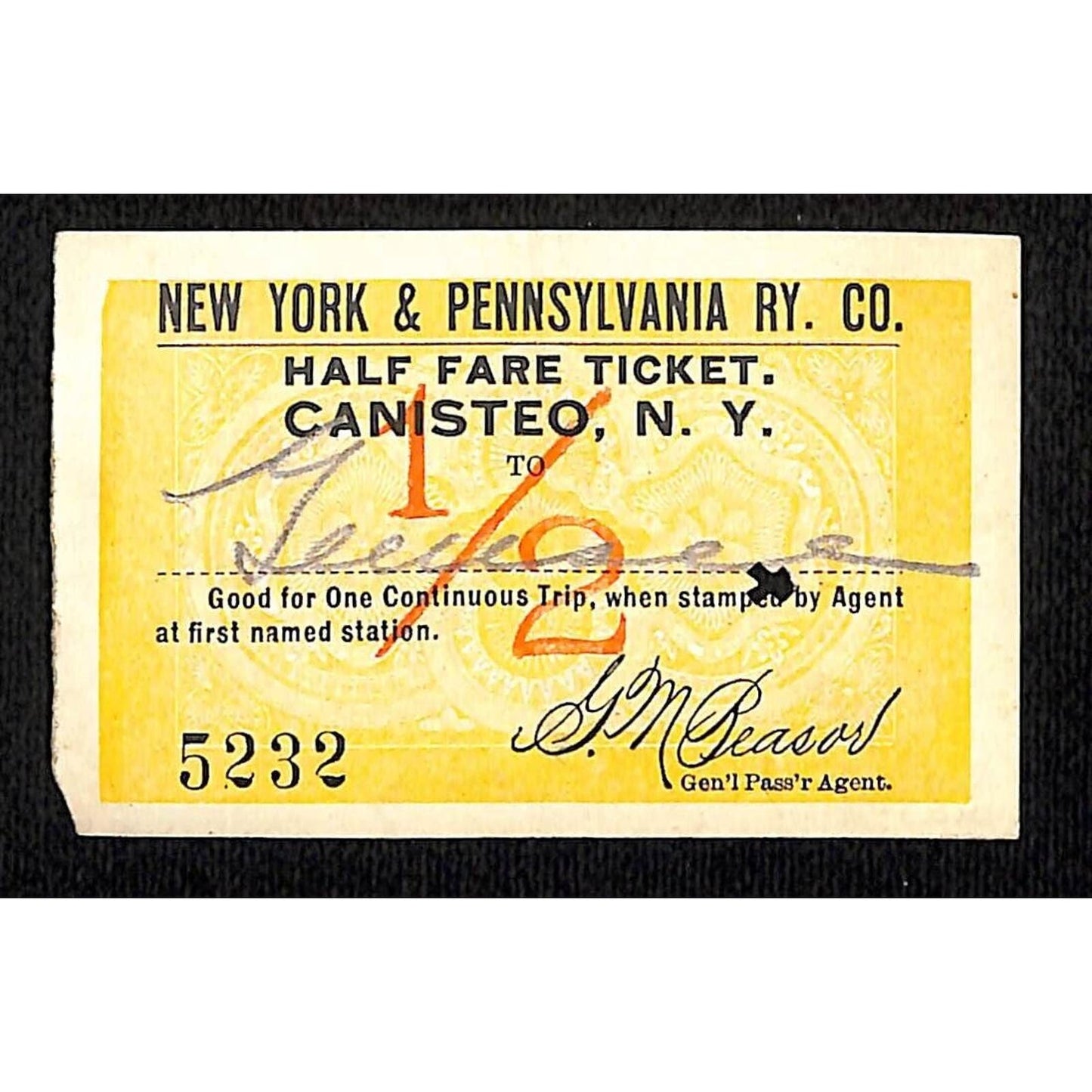 New York & Pennsylvania Railroad RY July 17 1917 Genesee 1/2 Fare Ticket #5232