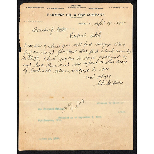 1908 Farmers Oil & Gas Co. Beggs, OK Indian Territory ALS Letterhead