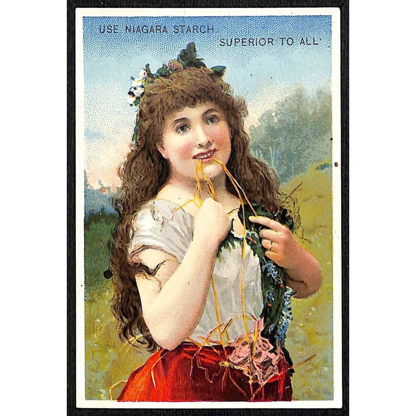 Niagara Gloss Starch Victorian Trade Card Smiling Gril Chews on Vines?