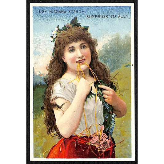 Niagara Gloss Starch Victorian Trade Card Smiling Gril Chews on Vines?