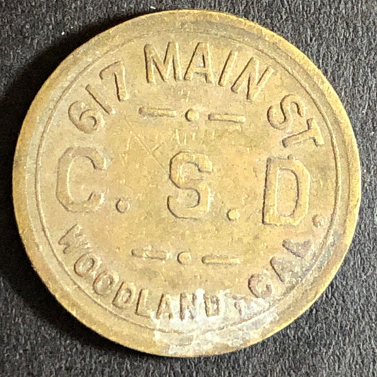 G/F 5c C.S.D. Charles Dunlap Cigars Woodland CA c1920's 21mm Brass Trade Token