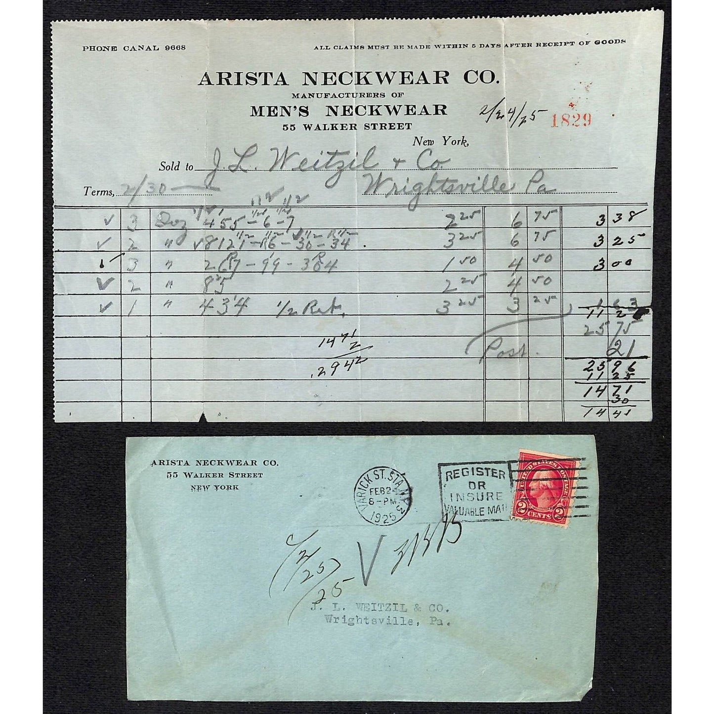 Arista Neckwear Co. 55 Walker NYC 1925 Billhead + Cover
