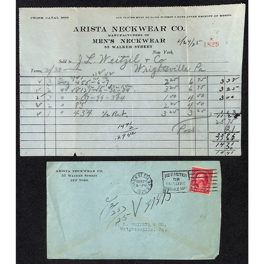 Arista Neckwear Co. 55 Walker NYC 1925 Billhead + Cover