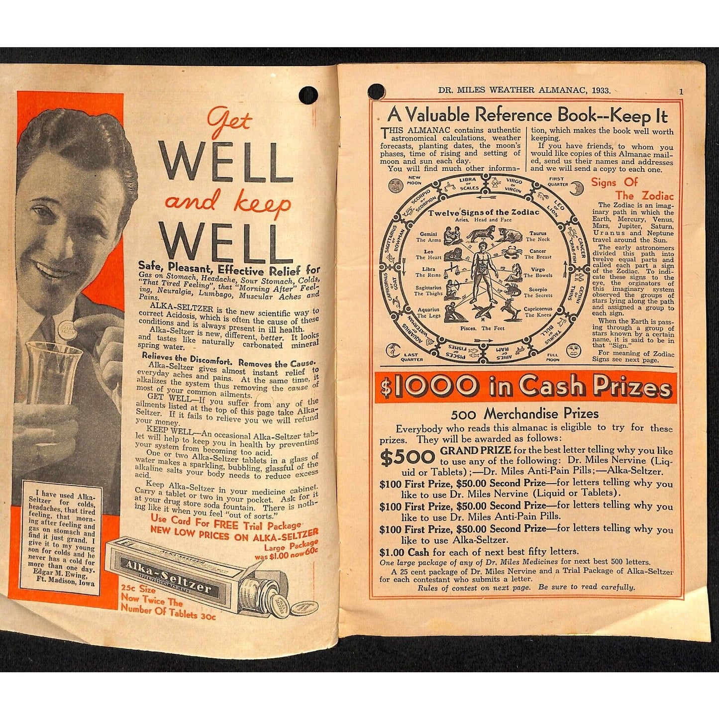 1933 Dr. Mills All Weather Almanac and Handbook 32pp & 1920 Edition in Bad Shape