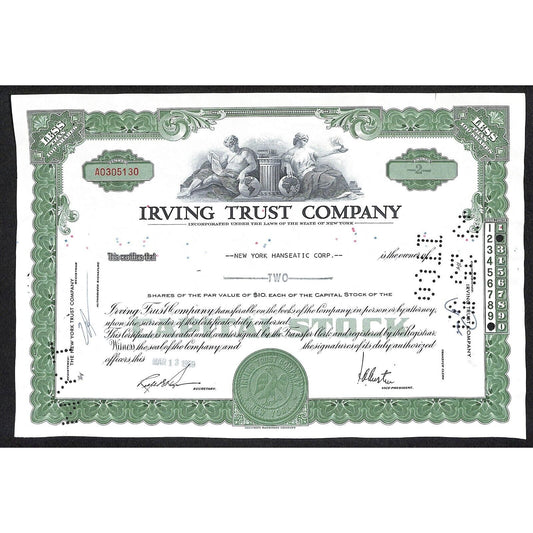 Irving Trust Company NY 1959 Stock Certificate New York Hanseatic Corp.