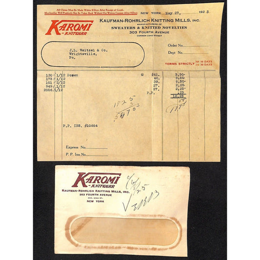Kaufman Rohrlich Knitting Millls 23rd St. NYC Weitzel 1925 Billhead + Cover