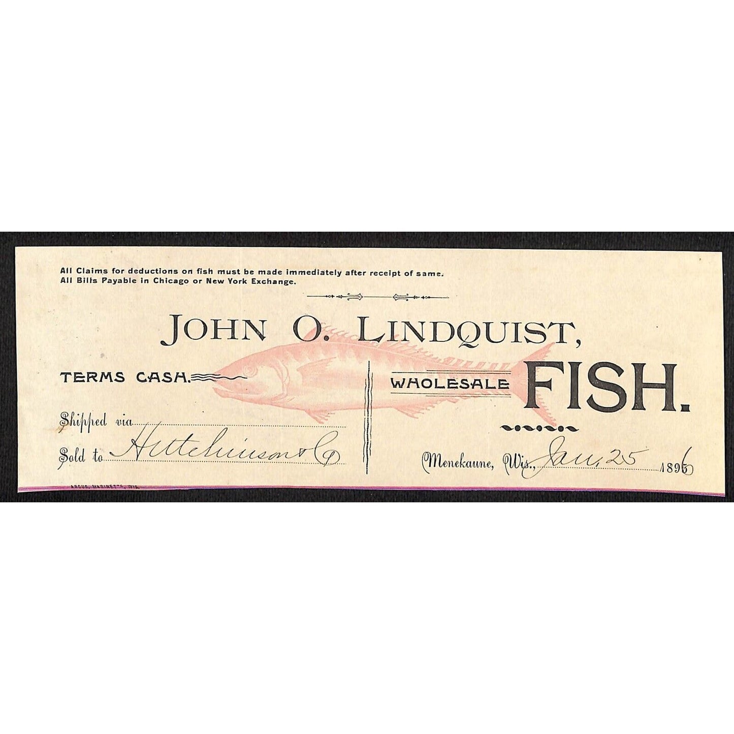 John O. Lindquist Menekaune, WI Fish Hutchinson Decorah IA* Cut 1896 Billhead