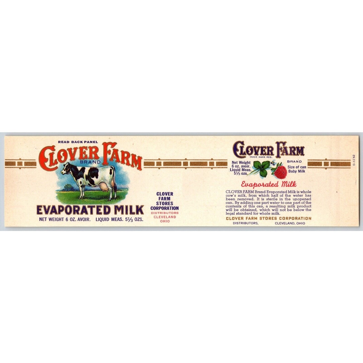 Evaporated Milk Clover Farm Cleveland Small Paper Can Label c1925-35 VGC w/ Cow