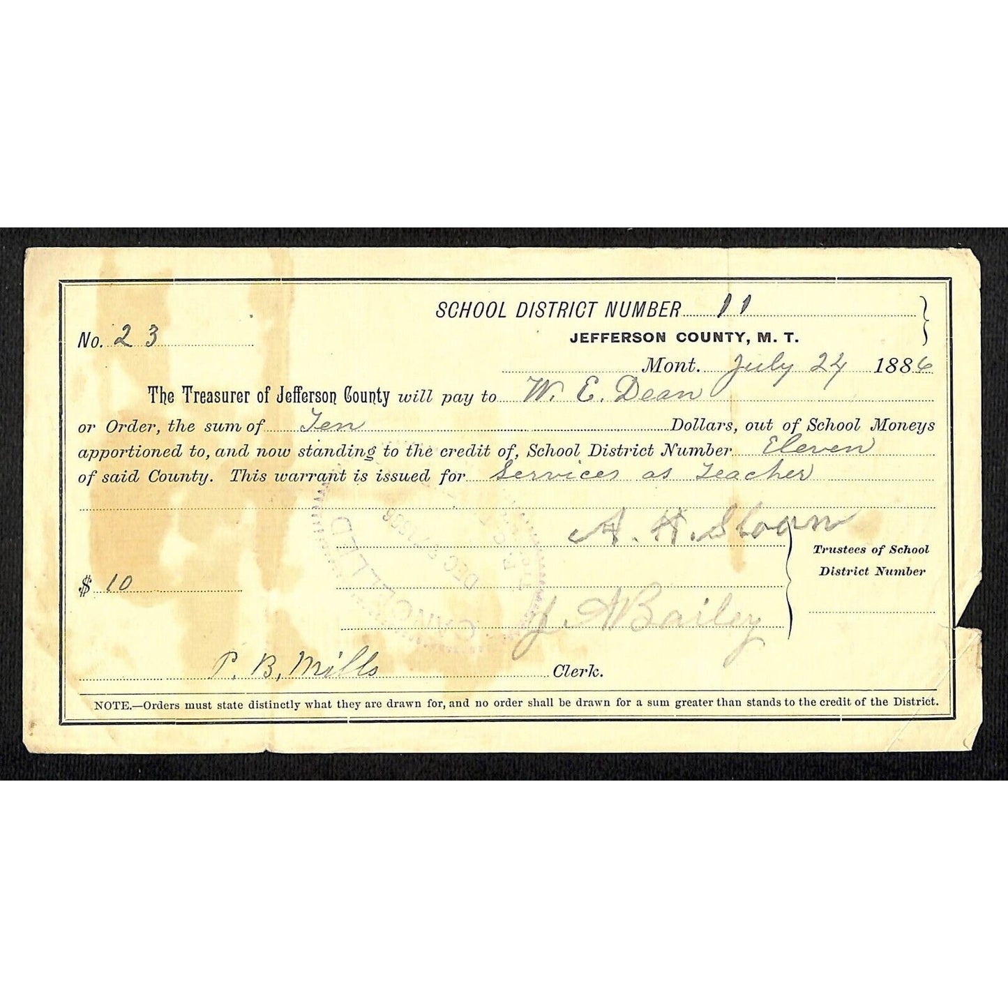 1886 Jefferson County Montana Territory School Warrant for Teacher